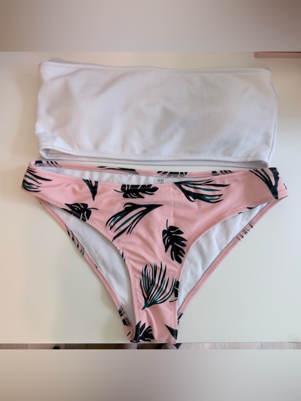 SHEIN White and Light Pink Tropical Leaf Swim Top and Bottoms